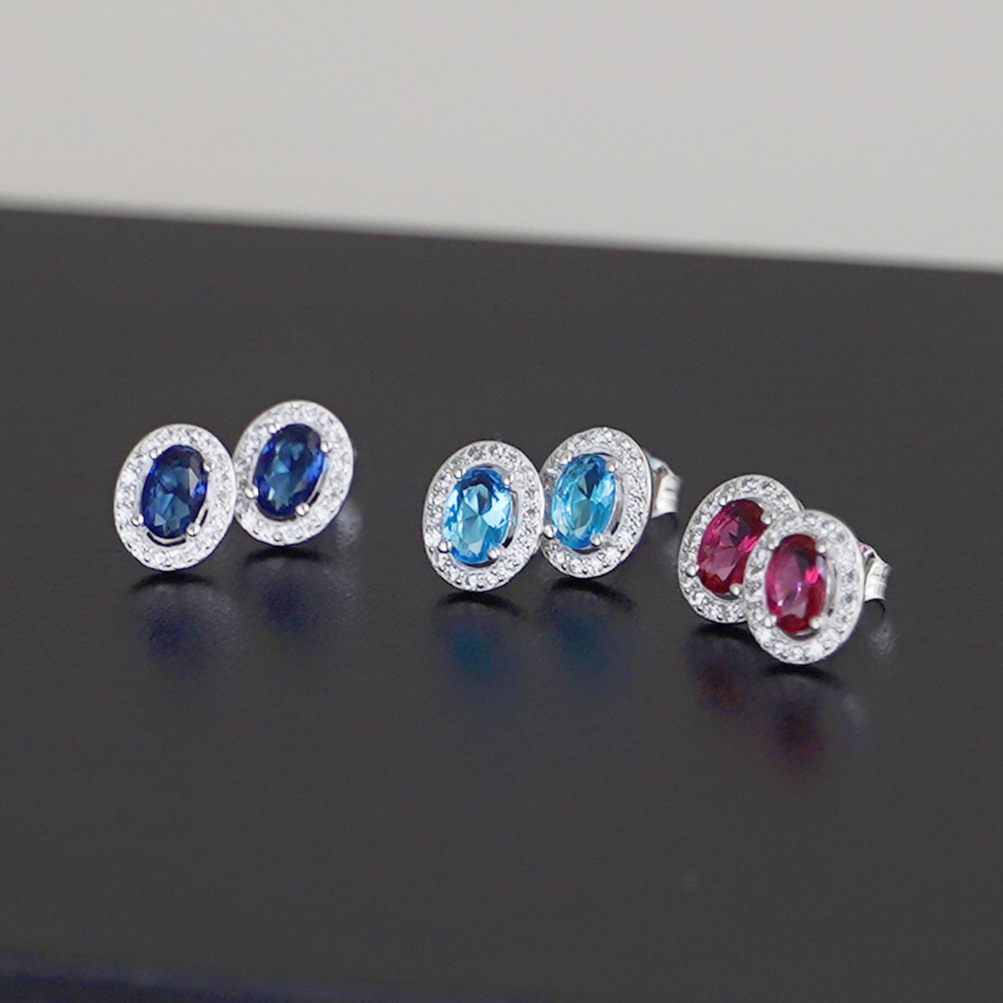 Sterling Silver Halo Stud Earrings Light Blue Aquamarine / Sapphire Blue / Ruby Red / Clear CZ 4mm x 6mm Main Stone