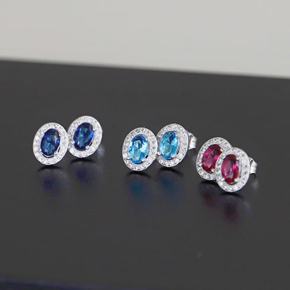 Sterling Silver Halo Stud Earrings Light Blue Aquamarine / Sapphire Blue / Ruby Red / Clear CZ 4mm x 6mm Main Stone