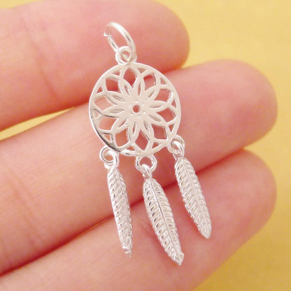 Sterling Silver Dream Catcher Circle Disc Angel Wing Feather Drop Charm Pendant