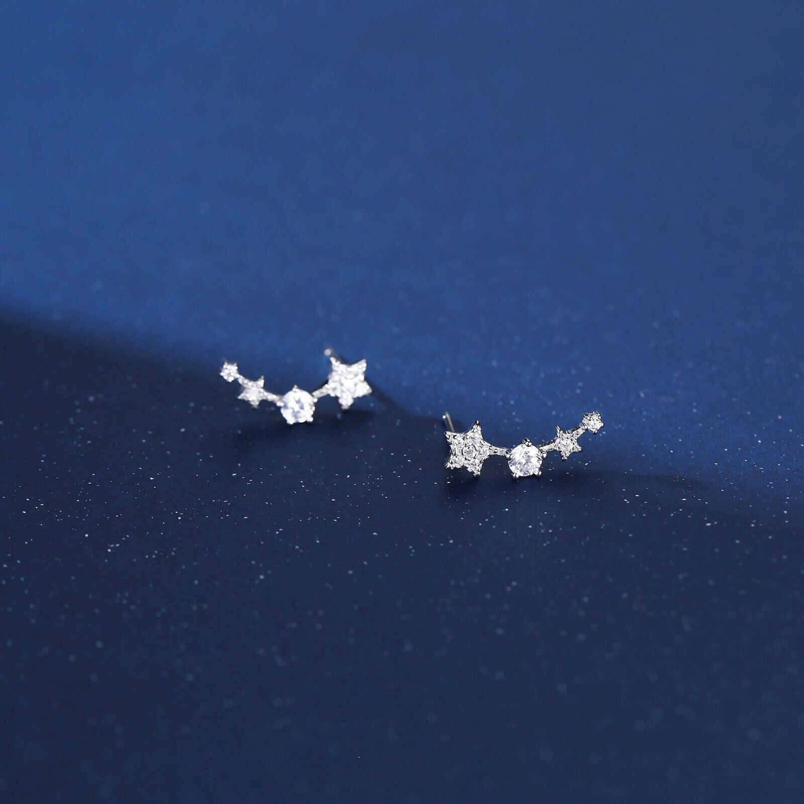 Rhodium on Sterling Silver Linked CZ Stars Climber Crawler Drop Stud Earrings - sugarkittenlondon