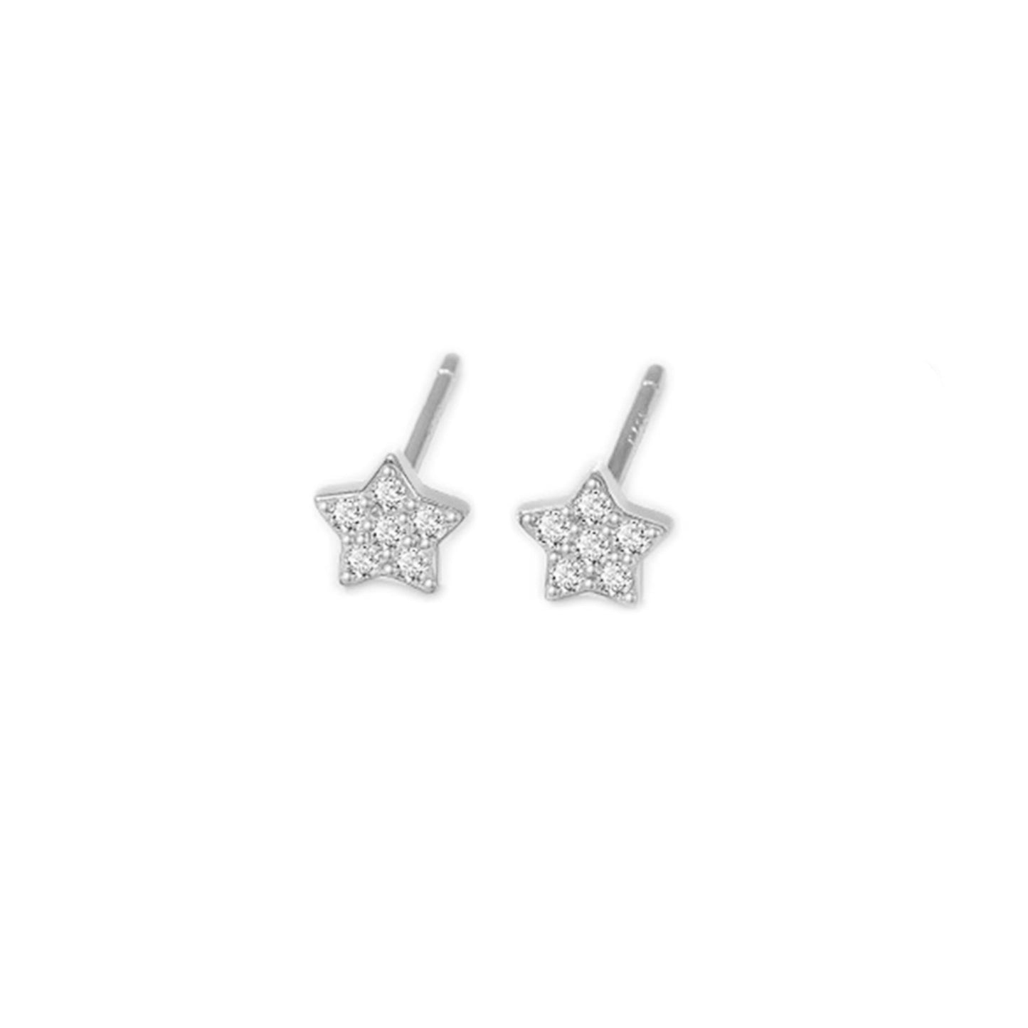 Sterling Silver Paved CZ Star Stud Earrings Rhodium Gold Rose Gold Tones 4 - 7mm