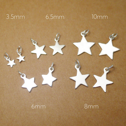 Sterling Silver Thin Lucky Star Charms Pendants 3.5 6 7.5 8 10mm
