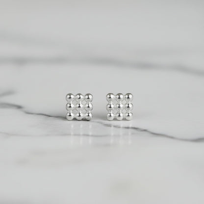 Mini geometric stud earrings, small cube pattern with polished ball setting