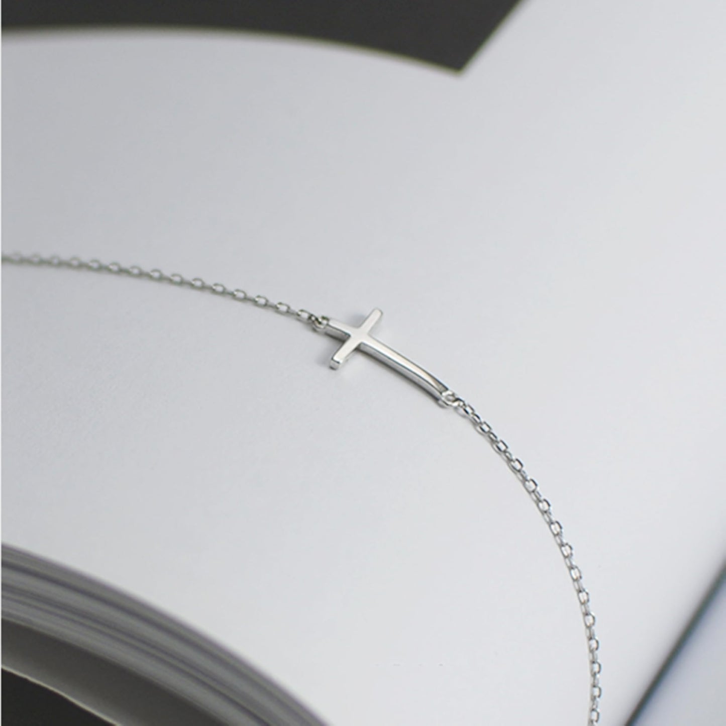 Sideways Cross anklet chain with cross charm, thin silver-toned links