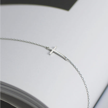 Sideways Cross anklet chain with cross charm, thin silver-toned links
