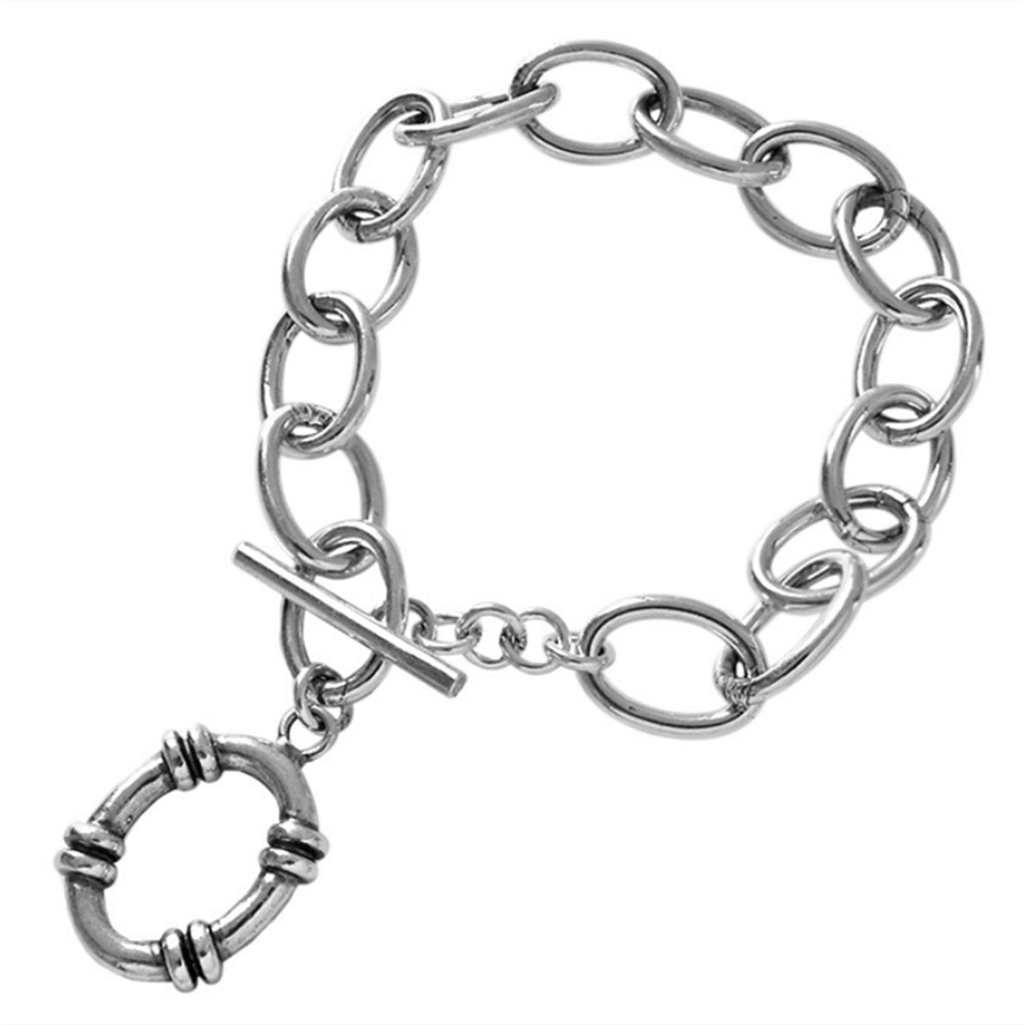 Oxidised linked T-bar bracelet with oval chain links and a round clasp detail