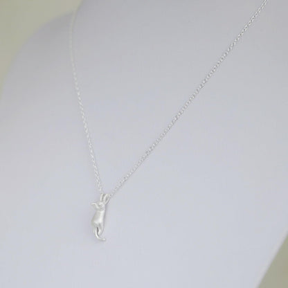 Sterling Silver Matte Hanging Cat Jumping Kitten Pendant Necklace