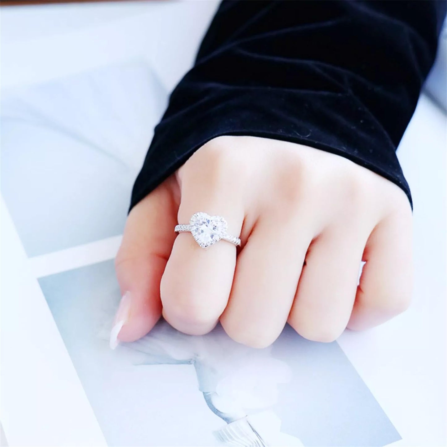 Sterling Silver Solitaire Heart Halo Ring Bezel Setting with Paved CZ Shoulders