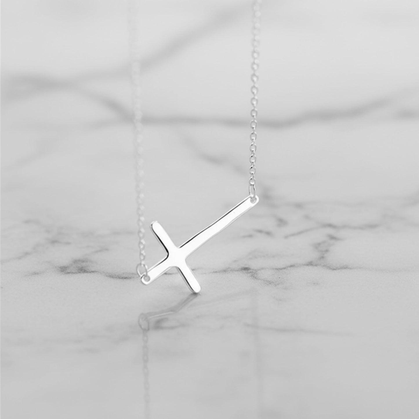 Sterling Silver Reversible Organic Texture Sideways Cross Necklace 42.5cm 16.7"