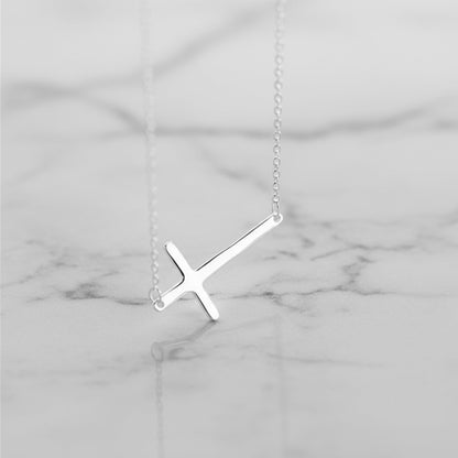 Sterling Silver Reversible Organic Texture Sideways Cross Necklace 42.5cm 16.7"