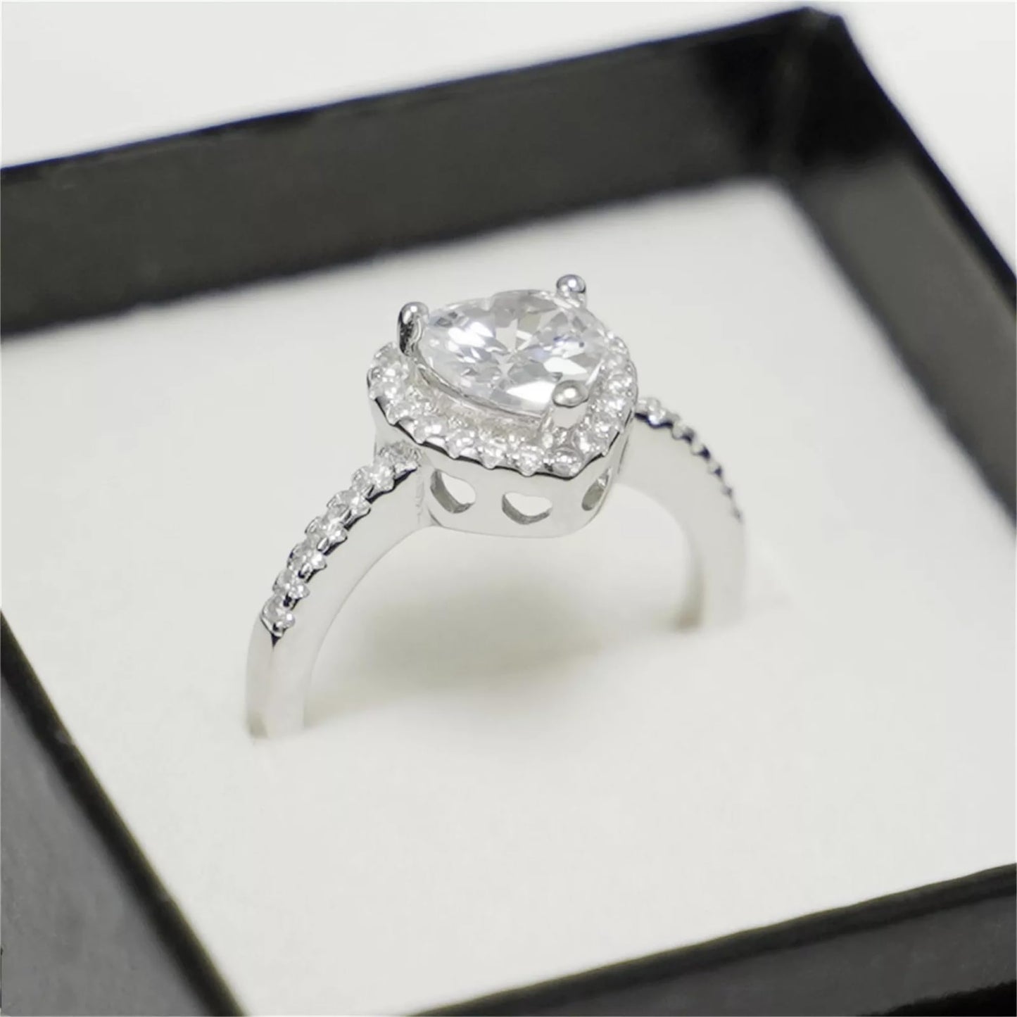 Sterling Silver Solitaire Heart Halo Ring Bezel Setting with Paved CZ Shoulders