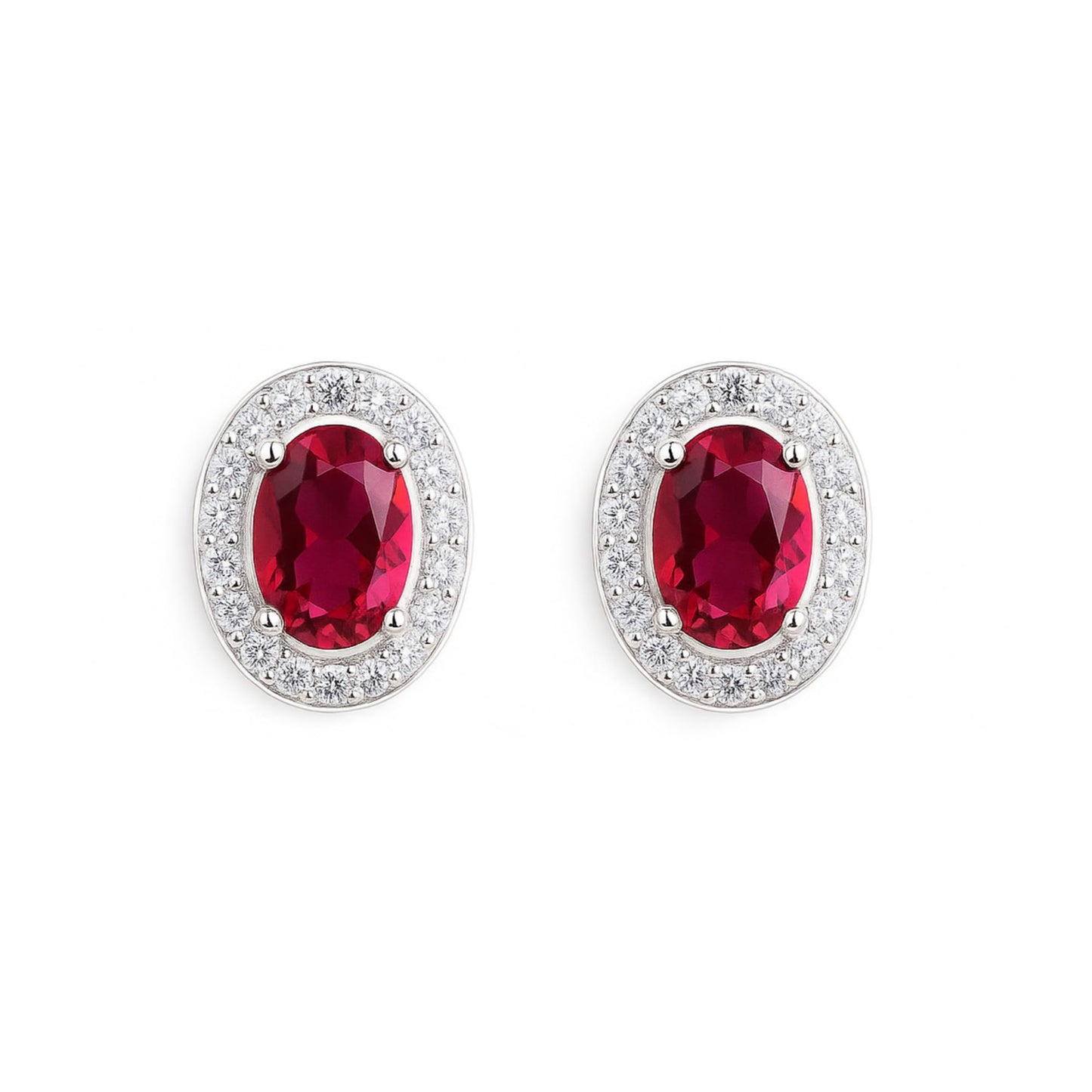 Ruby red oval CZ halo stud earrings with clear pavé surround in silver-tone