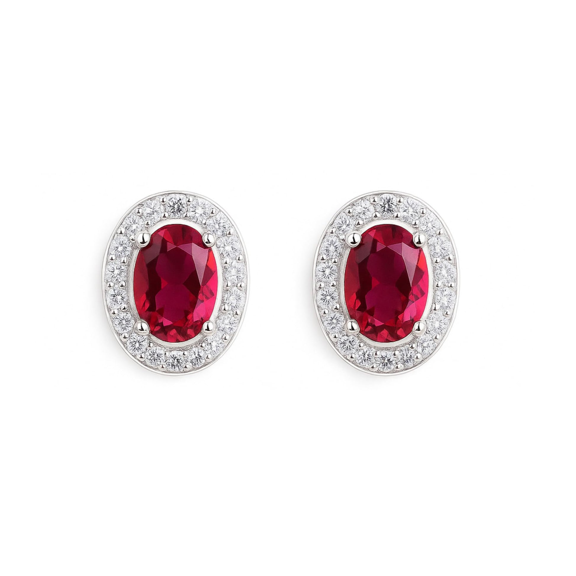 Ruby red oval CZ halo stud earrings with clear pavé surround in silver-tone