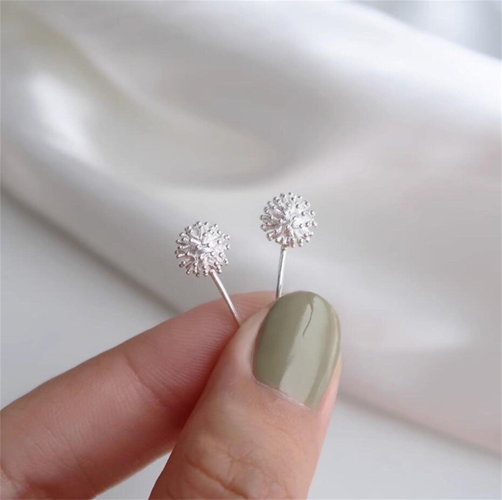 Dandelion flower stud earrings, silver-tone crystal dandelion with posts