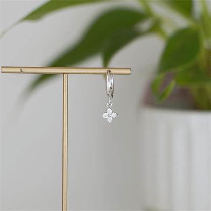 Sterling Silver Motif Flower Charm Drop CZ Hinged 9mm Hoop Huggie Earrings 2 Tones Rhodium 18K Gold