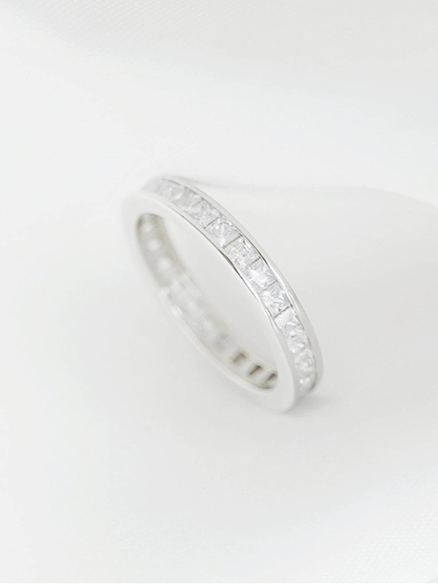 Rhodium on Sterling Silver Full Eternity 2.1mm Channel Set Princess Cut CZ Wedding Ring