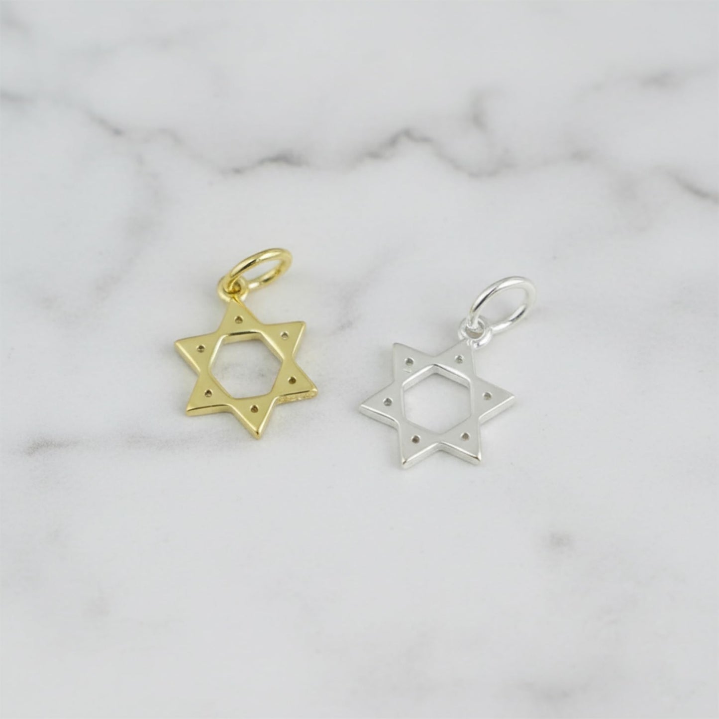 Star of David pendants, gold-tone and silver-tone hexagrams with cutout center