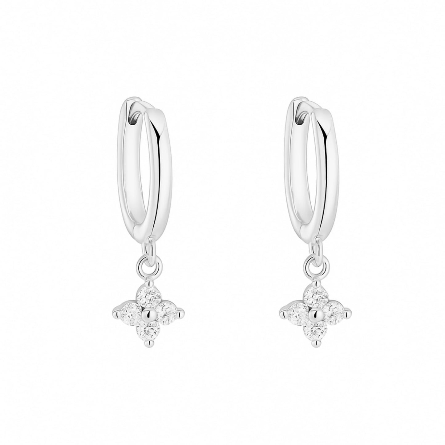 Sterling Silver Motif Flower Charm Drop CZ Hinged 9mm Hoop Huggie Earrings 2 Tones Rhodium 18K Gold