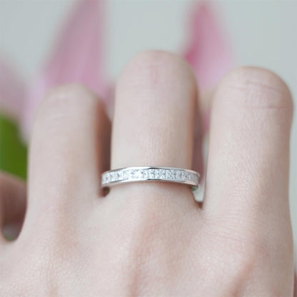 Rhodium on Sterling Silver Full Eternity 2.1mm Channel Set Princess Cut CZ Wedding Ring