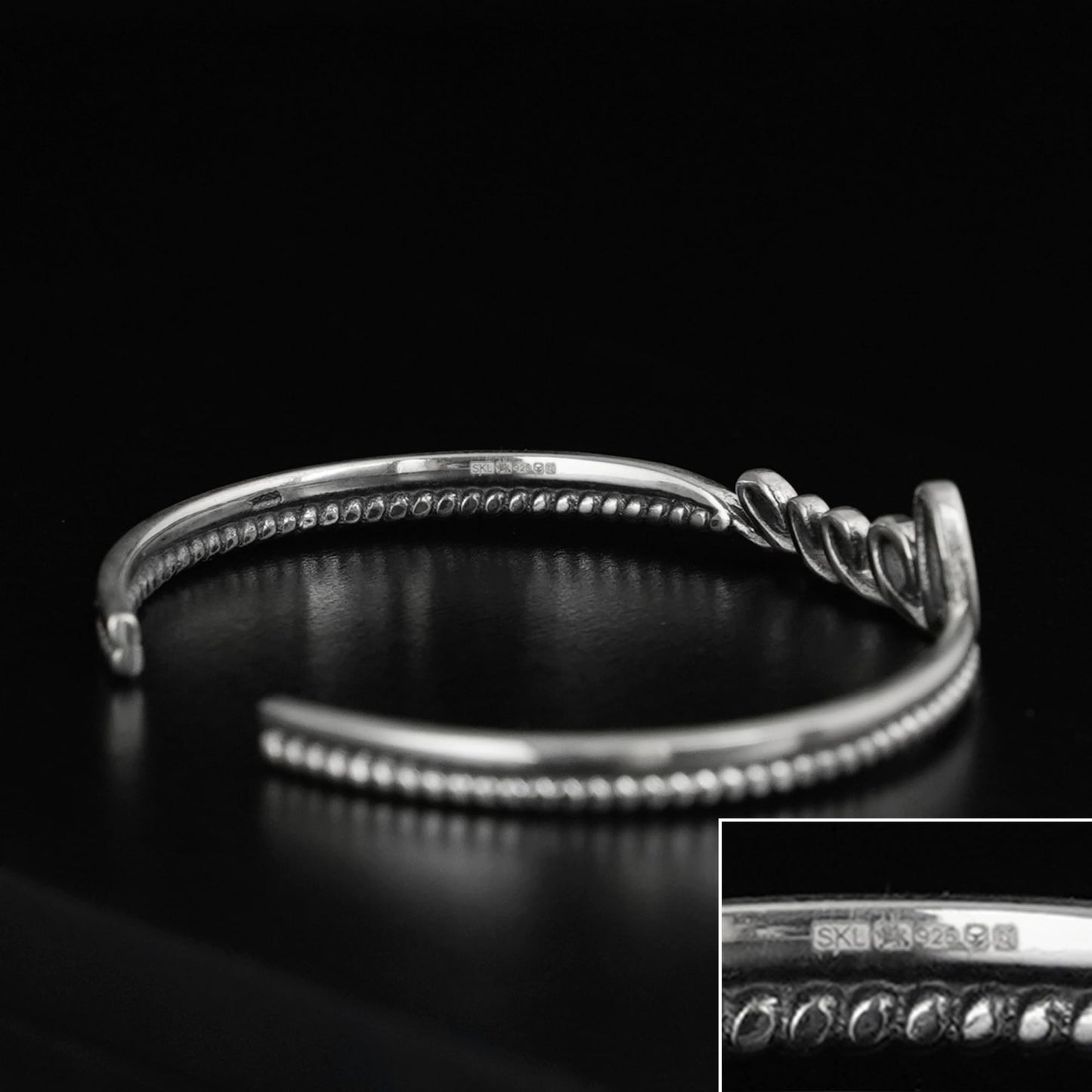 Love Knot Rope Cuff bracelet with knot clasp and textured rope edge, silver-tone