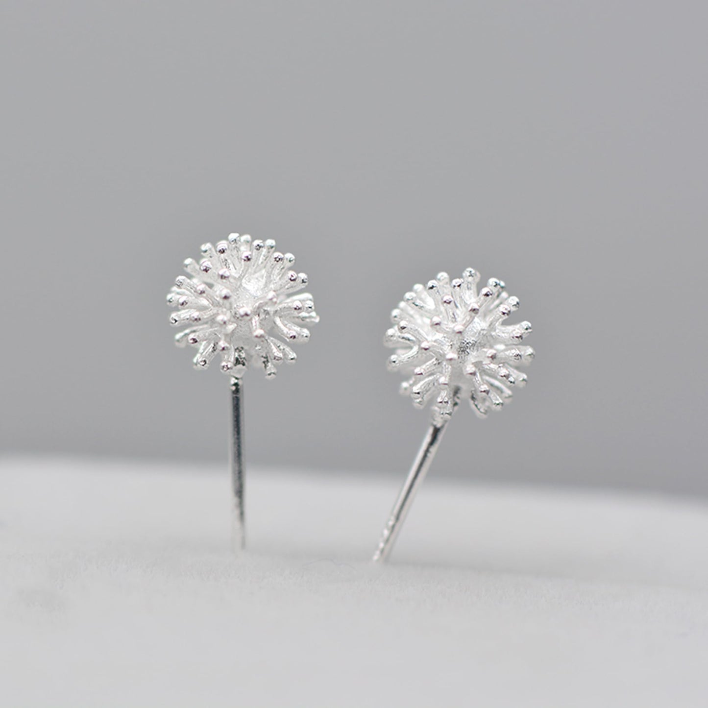 Dandelion flower stud earrings, two studs, silver-tone crystal burst
