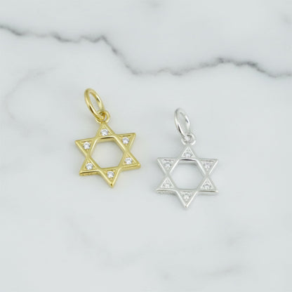Star of David pendants, gold-tone and silver-tone hexagrams with small stone details