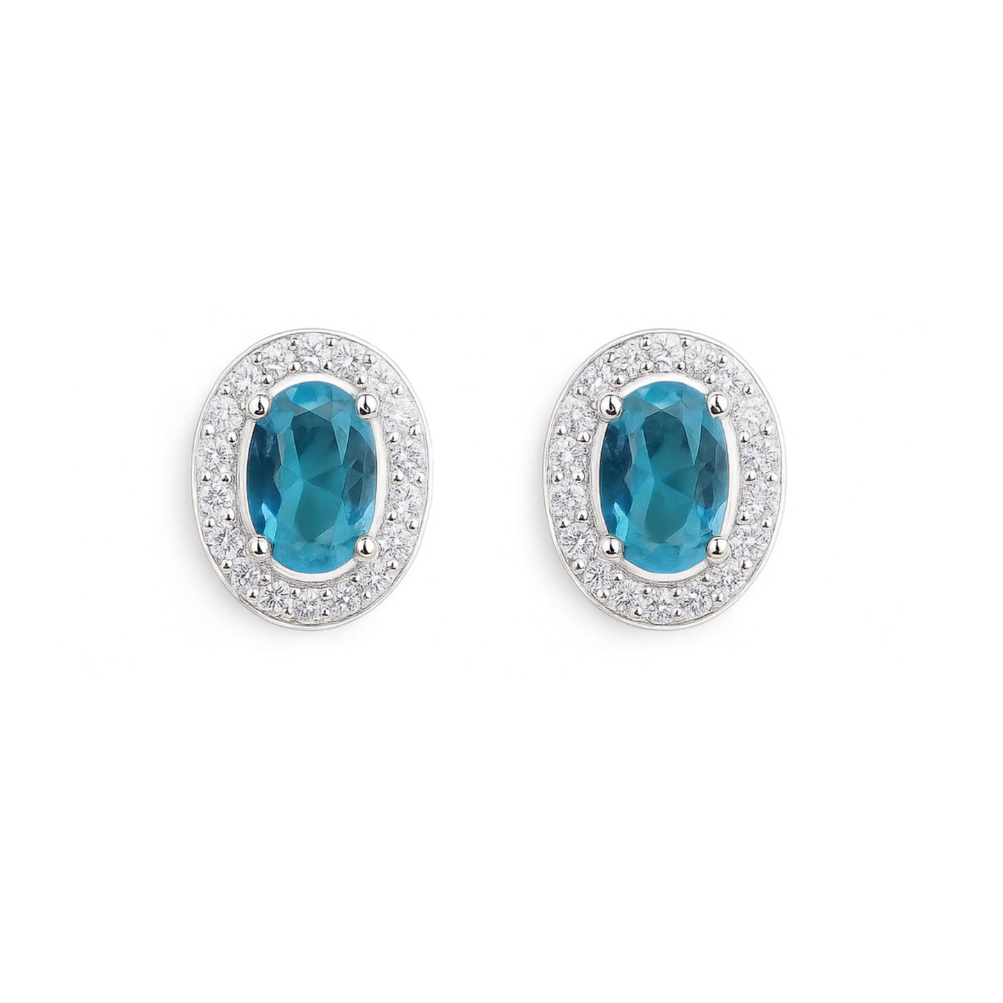 Aqua-blue oval CZ halo stud earrings in a silver-tone setting