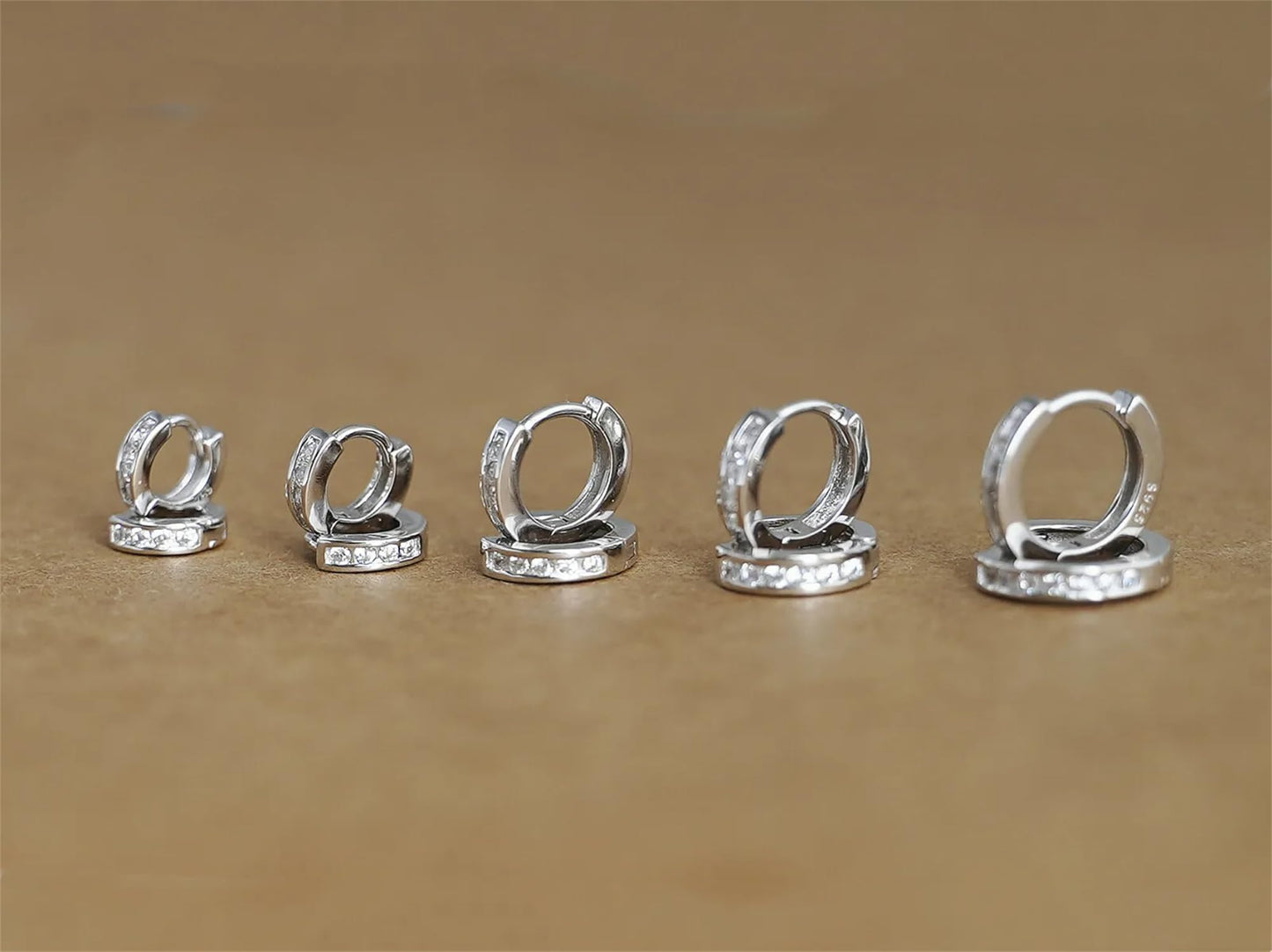 Sterling Silver 5 - 9mm Hoop Channel CZ Huggie Hinged Cuff Half Eternity Earrings