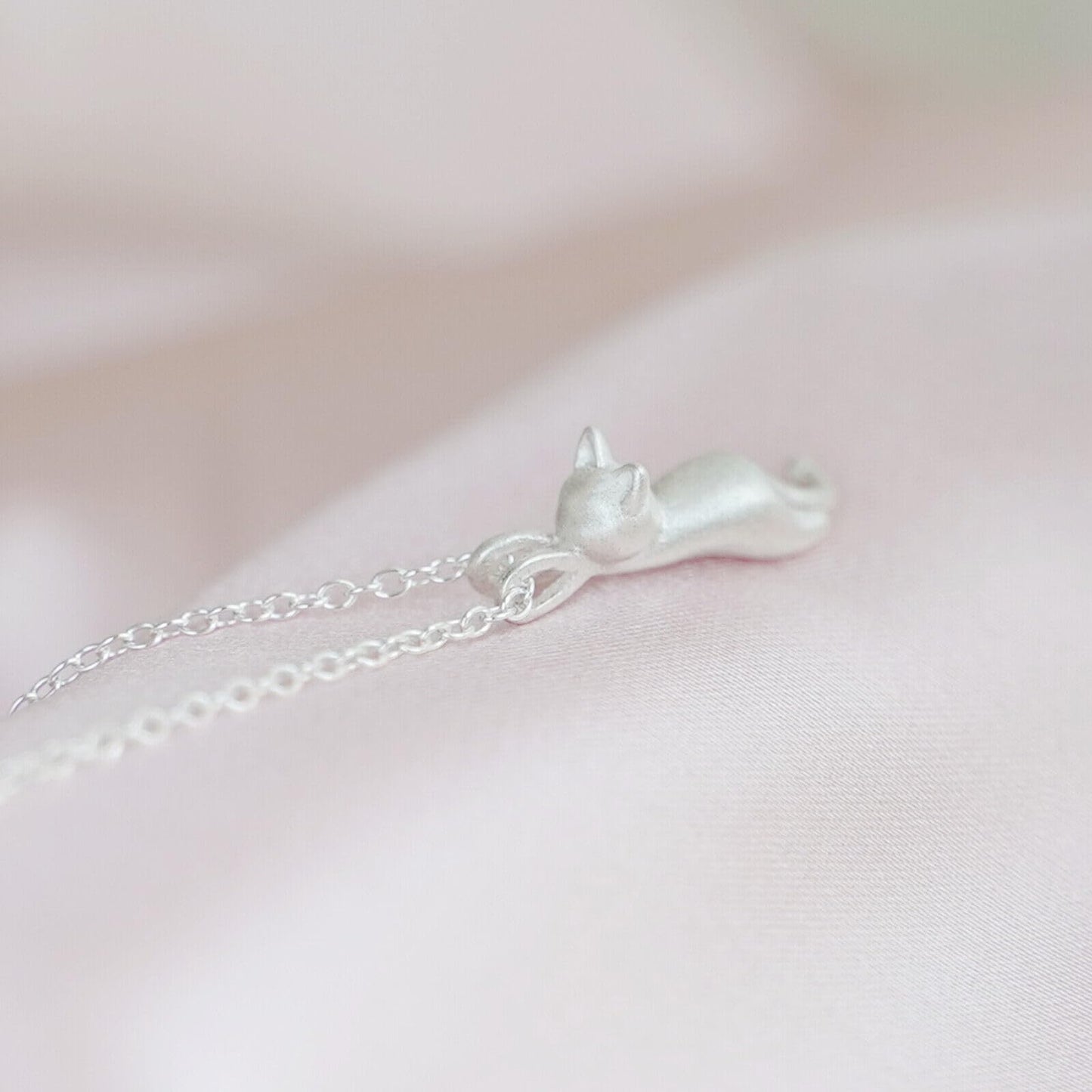 Sterling Silver Matte Hanging Cat Jumping Kitten Pendant Necklace