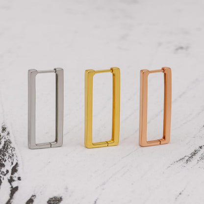 Sterling Silver Rectangle Square Huggie Hoop Drop Earrings 3 Tones Rhodium 18K Gold Rose Gold