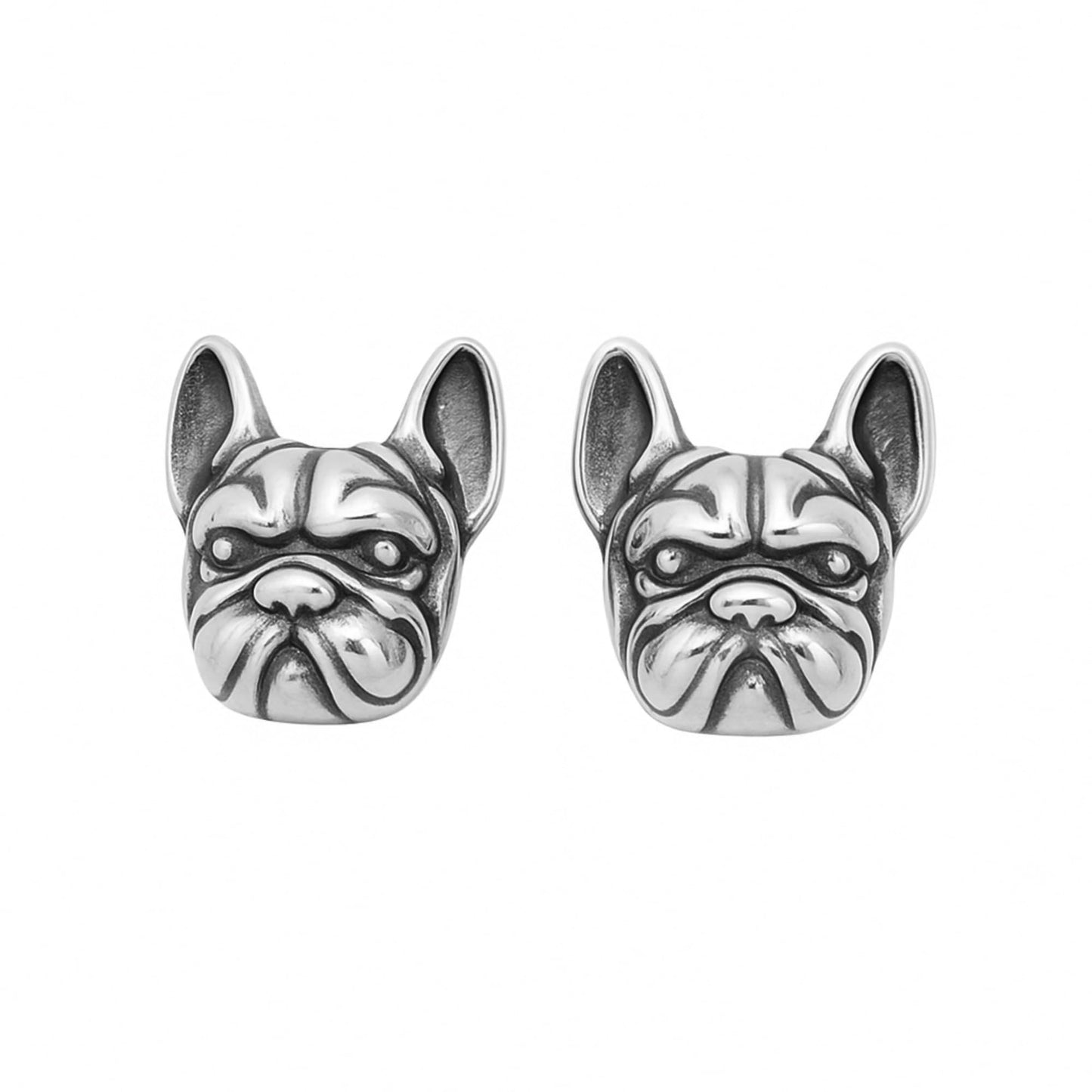 Oxidised Bulldog Studs, silver-toned bulldog face side view, pair