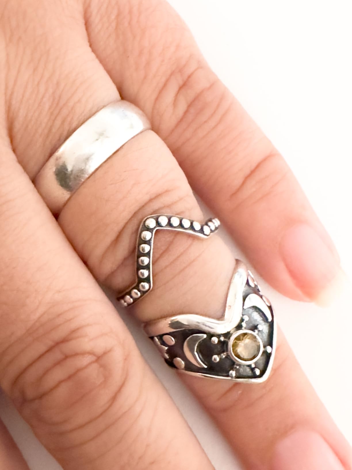 Sterling Silver Oxidised Chevron Ring with Beaded Stacking Design