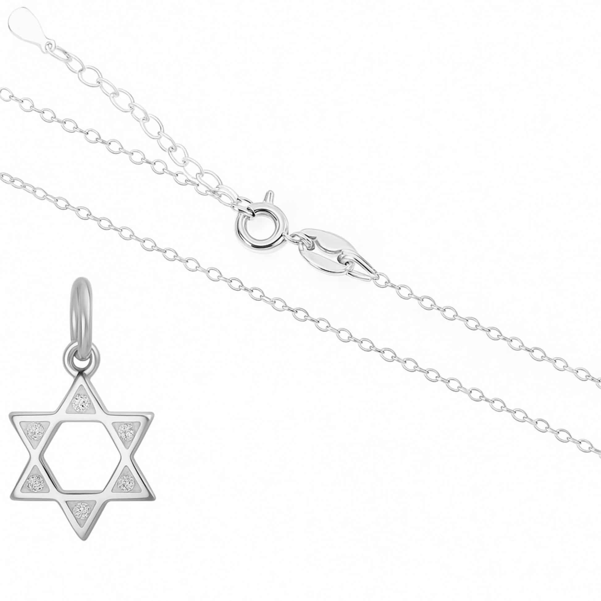 Silver Star of David pendant with inset stones on silver link chain