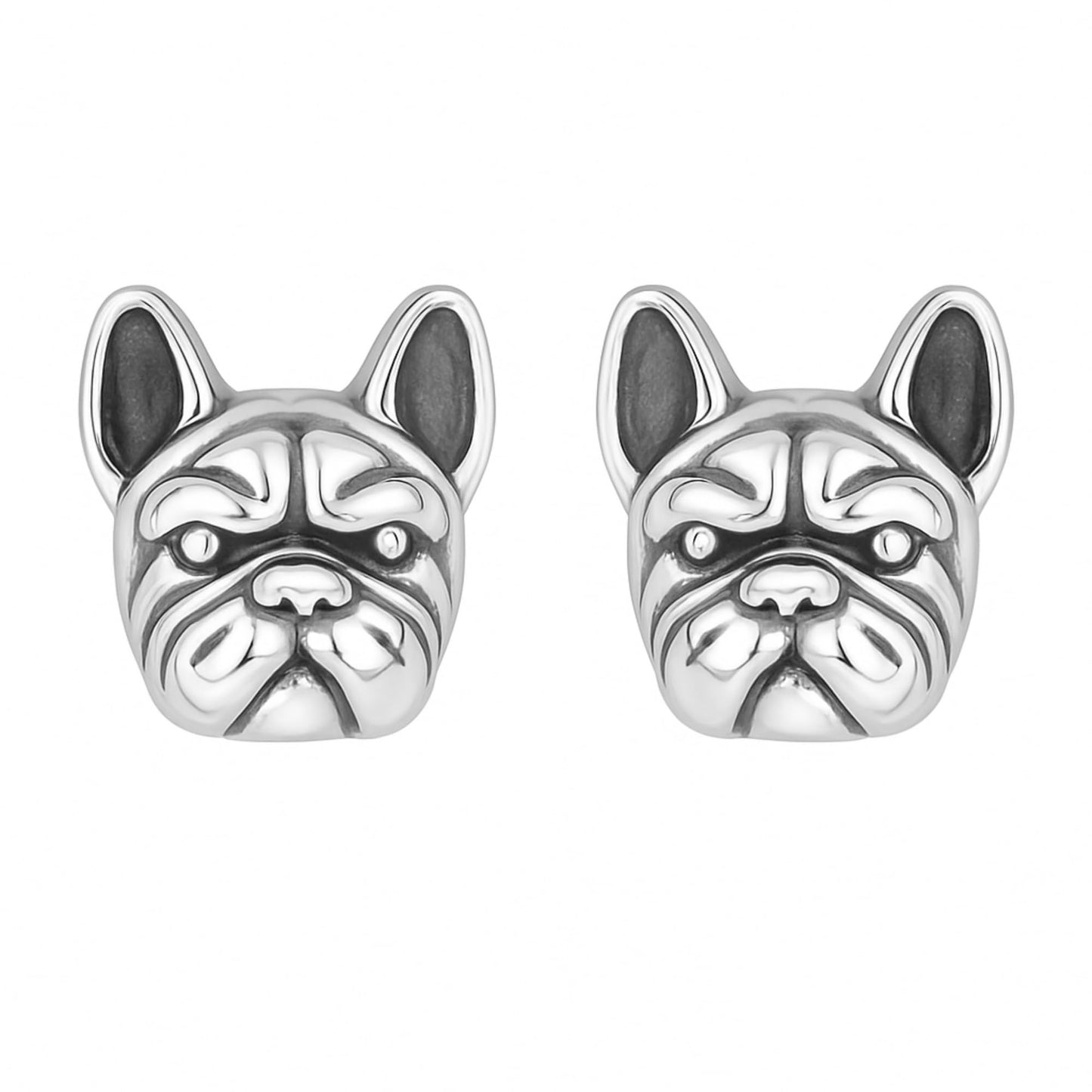 Oxidised Bulldog Studs, silver-toned bulldog face front studs, pair