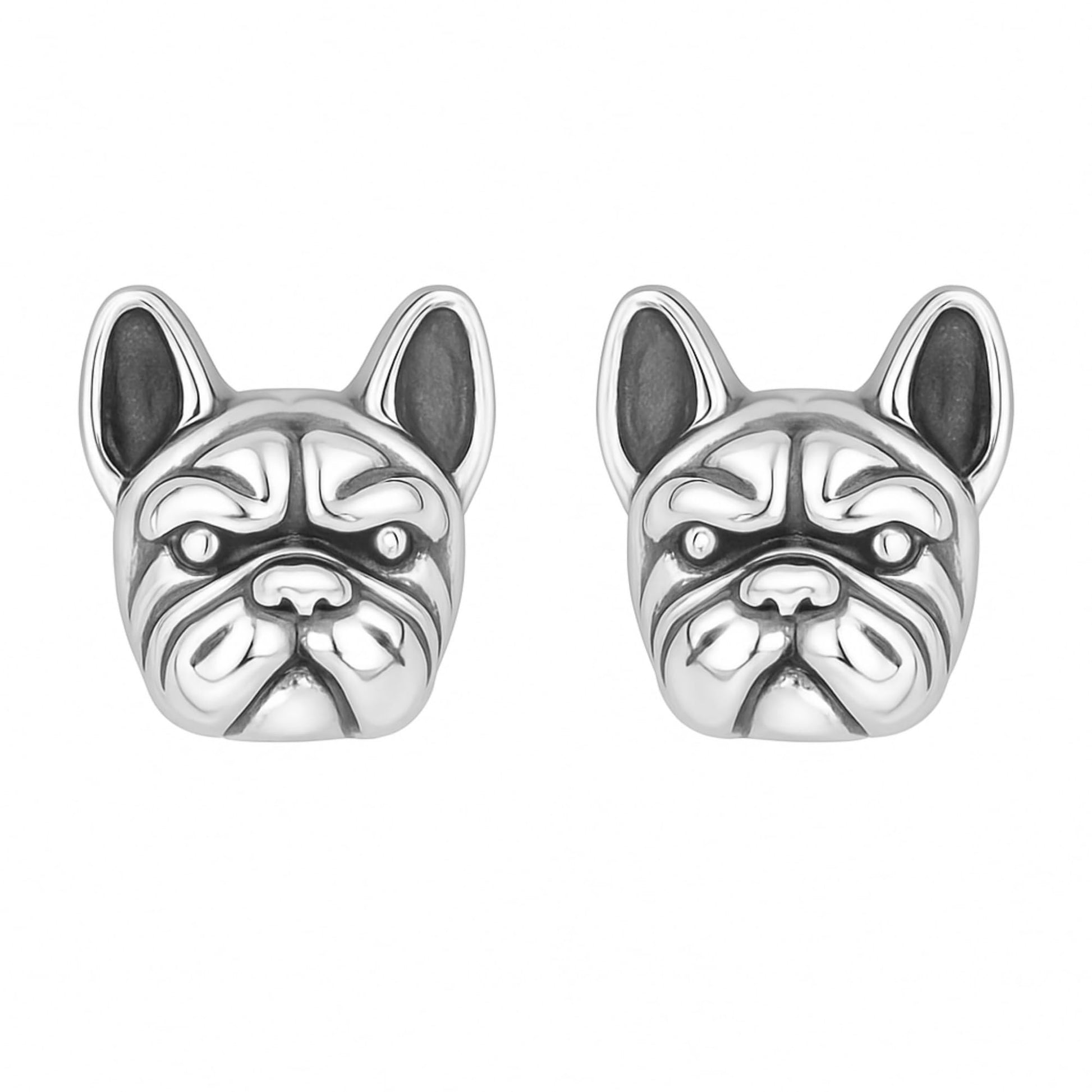 Oxidised Bulldog Studs, silver-toned bulldog face front studs, pair