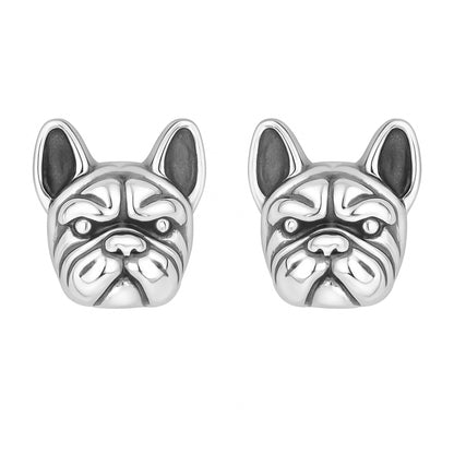 Oxidised Bulldog Studs, silver-toned bulldog face front studs, pair