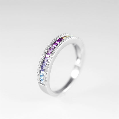 Rhodium on Sterling Silver Half Channel Set Baguette Rainbow Multi-Colour CZ Eternity Ring