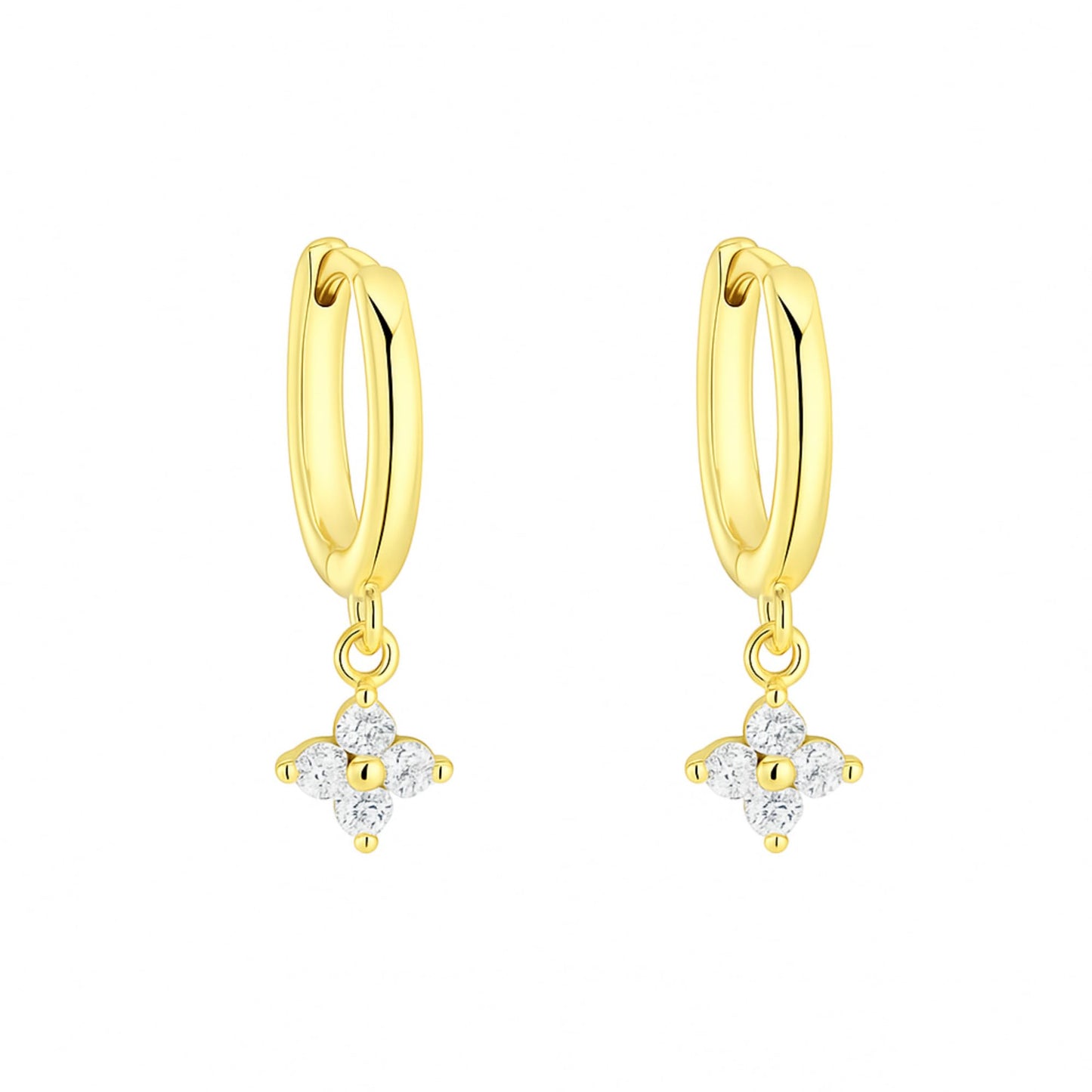 Sterling Silver Motif Flower Charm Drop CZ Hinged 9mm Hoop Huggie Earrings 2 Tones Rhodium 18K Gold