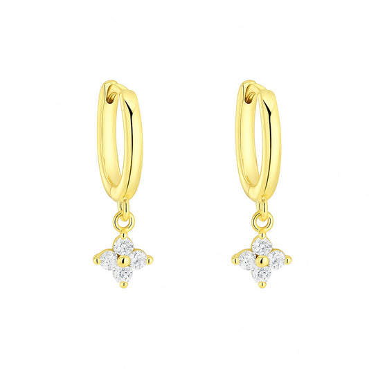 Sterling Silver Motif Flower Charm Drop CZ Hinged 9mm Hoop Huggie Earrings 2 Tones Rhodium 18K Gold