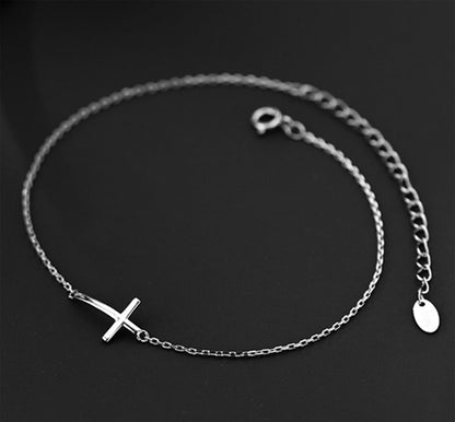 Sideways Cross anklet with cross pendant and round clasp extender