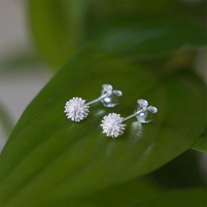 Dandelion flower stud earrings, silver-tone, small crystal flower burst design