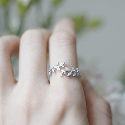 Sterling Silver Cubic Zirconia Leaf Feather Bridal Wrap Ring Adjustable Rhodium / 18K Gold