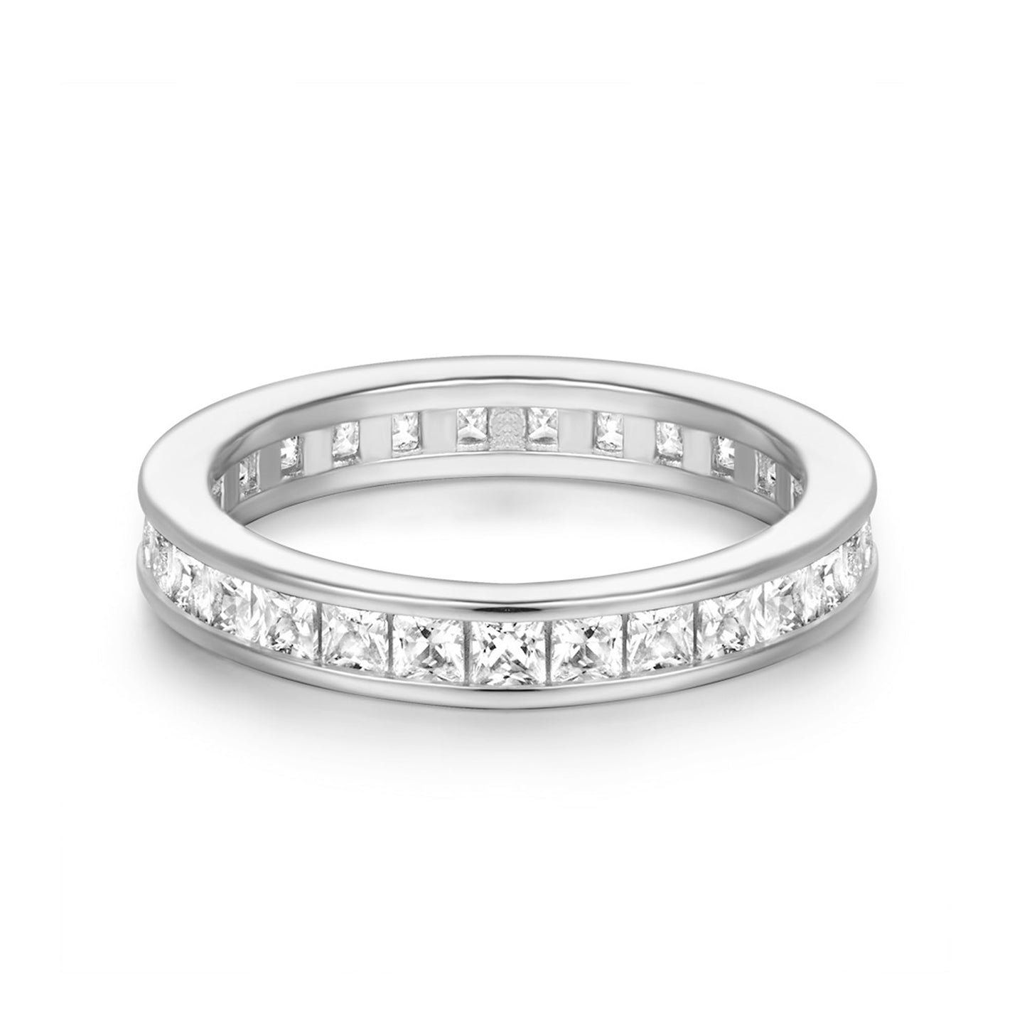Rhodium on Sterling Silver Full Eternity 2.1mm Channel Set Princess Cut CZ Wedding Ring