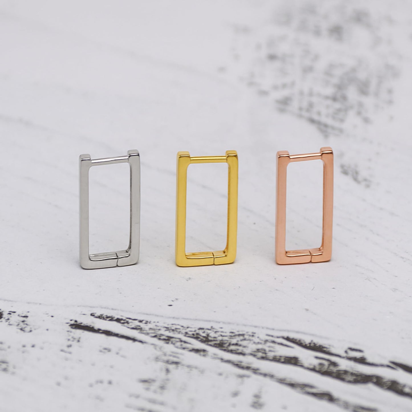 Sterling Silver Rectangle Square Huggie Hoop Drop Earrings 3 Tones Rhodium 18K Gold Rose Gold