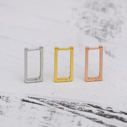 Sterling Silver Rectangle Square Huggie Hoop Drop Earrings 3 Tones Rhodium 18K Gold Rose Gold