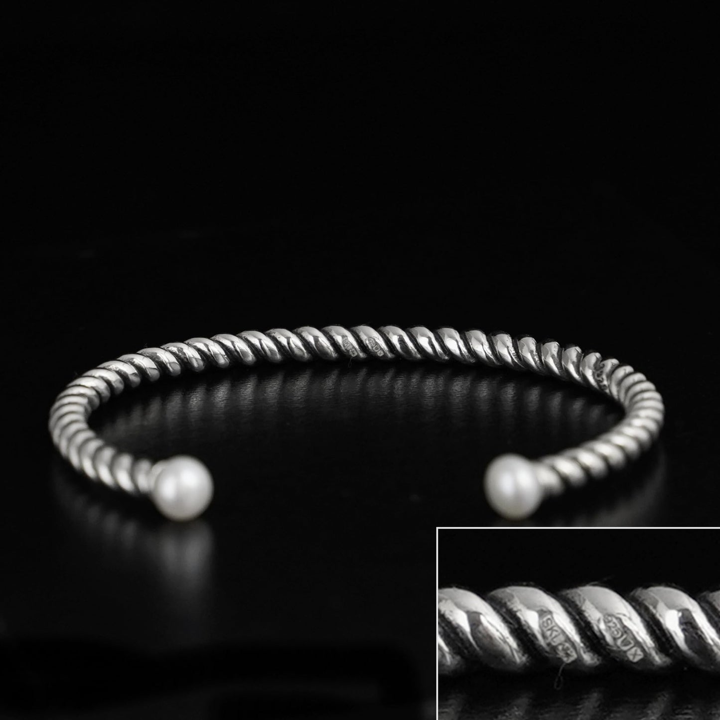 Pearl Twisted Torque Bangle with silver twisted texture and two white pearl ends