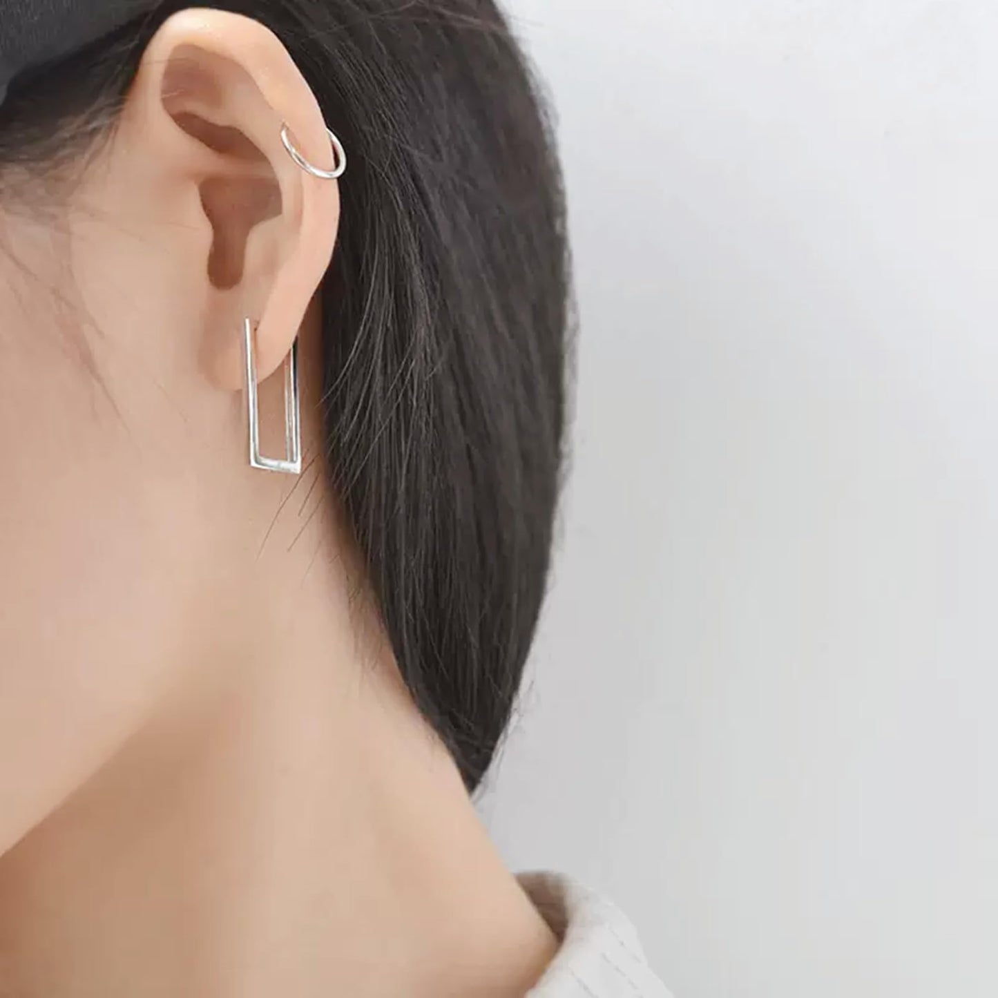 Sterling Silver Rectangle Square Huggie Hoop Drop Earrings 3 Tones Rhodium 18K Gold Rose Gold