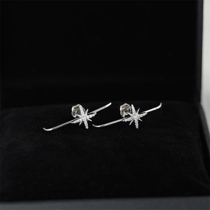 Sterling Silver 9mm North Pole Star Pave CZ Suspender Bar Cuff Stud Earrings 2 Tones Rhodium / 18K Gold