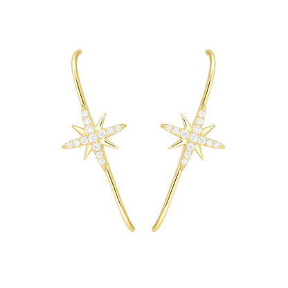 Sterling Silver 9mm North Pole Star Pave CZ Suspender Bar Cuff Stud Earrings 2 Tones Rhodium / 18K Gold