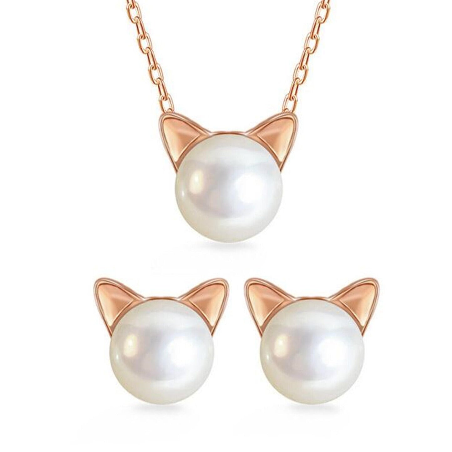 Cat & Pearl Schmuckset: roségoldfarbene Kette mit Perle und Katzenohren